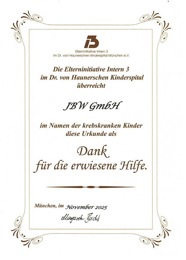 JBW Spende an i3 Kinderkrebshilfe