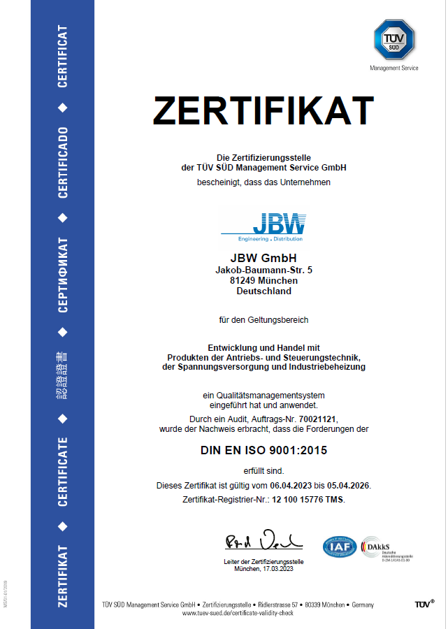 Zertifikat ISO9001 JBW GmbH 2023-2026